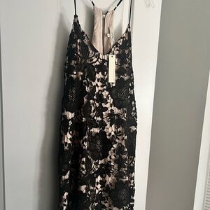 Lavender Brown NWT cotton crochet lace dress black with nude silk underlay